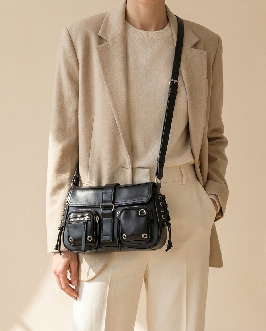 Sac bandoulière Beme noir porté en bandoulière